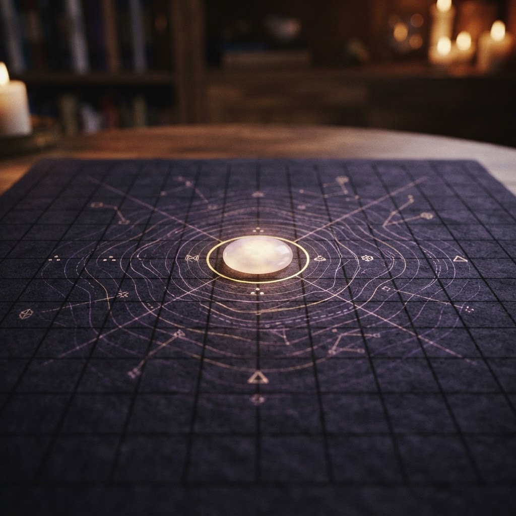 A gold-rimmed stone glowing at the dead center of green felt, ripples of light running outward